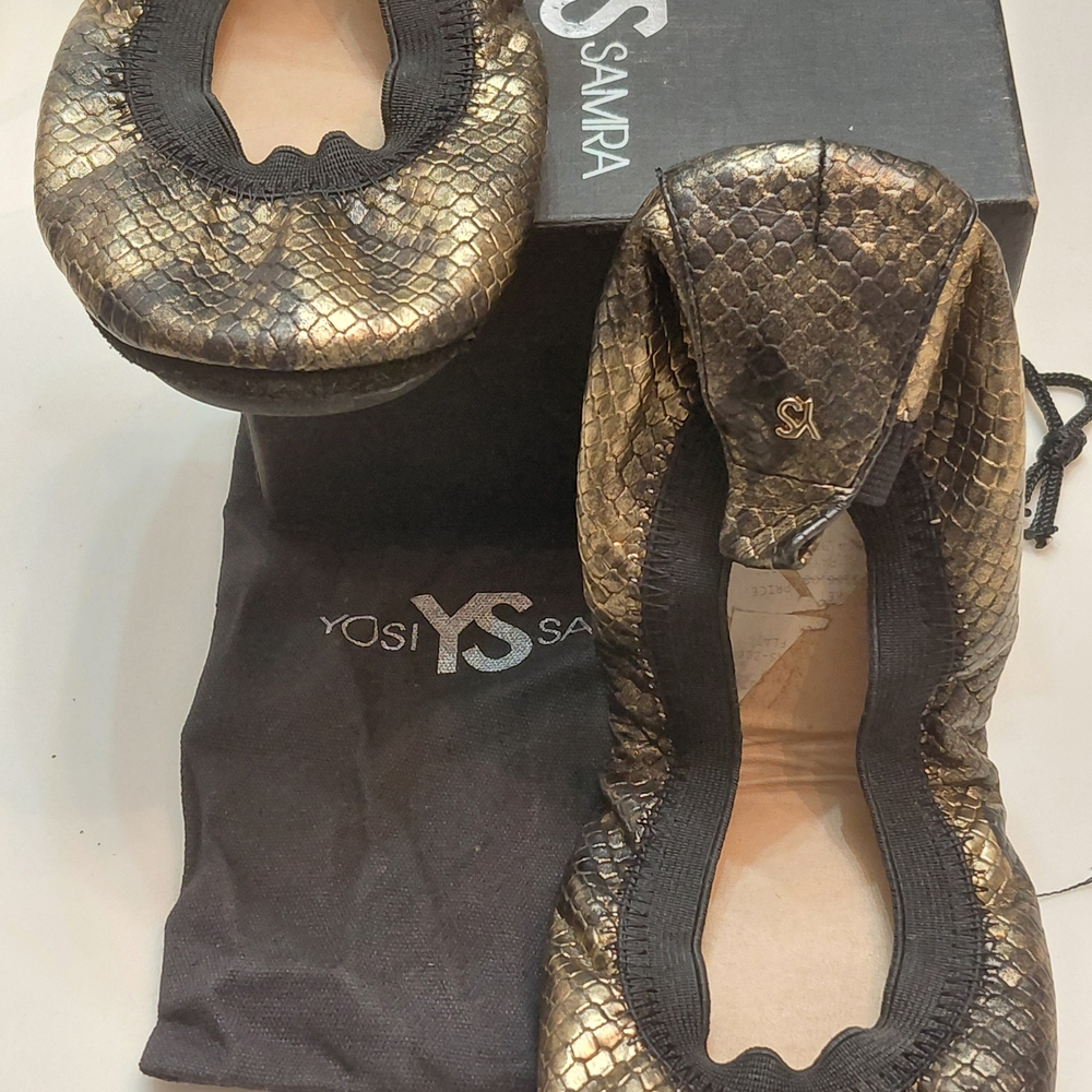Yosi Samra Gold Snake Print Ballet Flats
